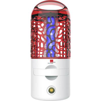 Un destructeur électrique d'insectes avec un boîtier rouge ajouré et un élément lumineux bleu, adapté à la répulsion des moustiques.
