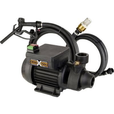 Pompe à eau noire avec plusieurs raccords et tuyaux ; logo 'Cross Tools' visible ; arrière-plan neutre.