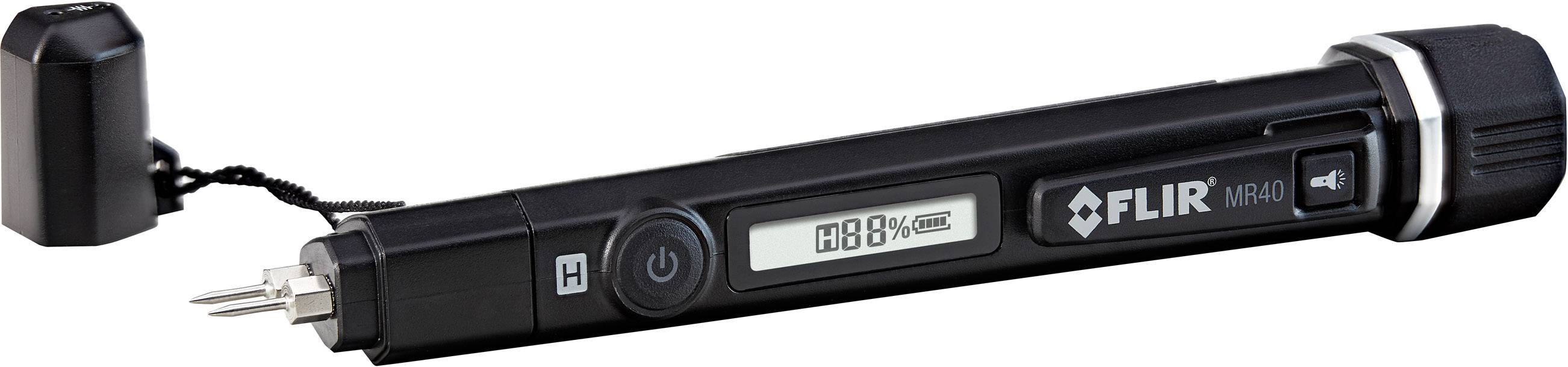 Un appareil de mesure électrique noir avec un affichage indiquant '88 %' pour mesurer l'humidité, muni d'un capuchon de protection amovible.