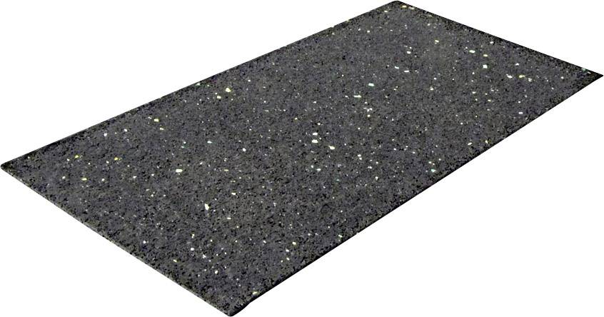 Un tapis rectangulaire noir avec de petites taches colorées parsemées. Il pourrait être utilisé comme revêtement de sol ou comme tapis d'amortissement.