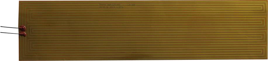 Élément chauffant long, rectangulaire, flexible avec des conducteurs de chauffage parallèles et étroits. Deux fils sont connectés à une extrémité.