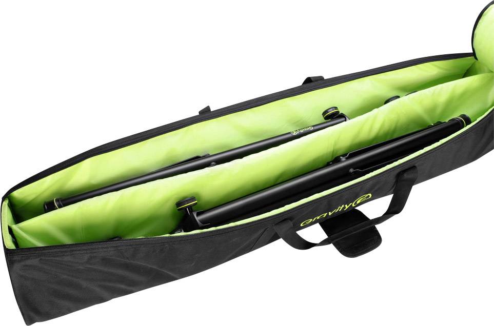 Sac de transport noir avec doublure intérieure vert vif, ouvert, révélant des tiges noires rangées. Idéal pour le transport et la protection.