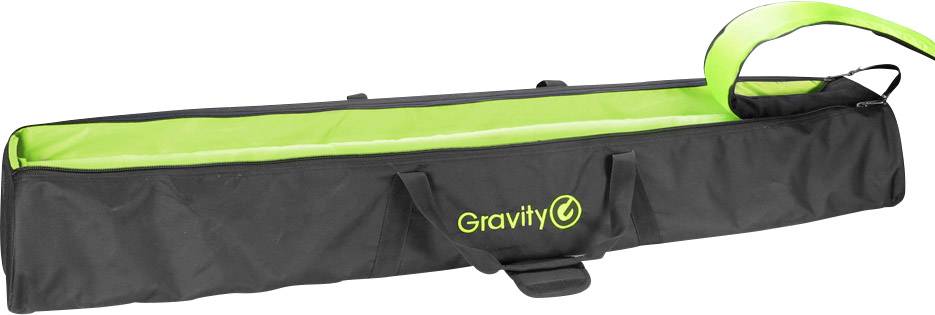 Un long sac noir avec un doublure intérieure verte et une poignée de transport, sur lequel est inscrit 'Gravity'. Il sert à transporter de l'équipement.