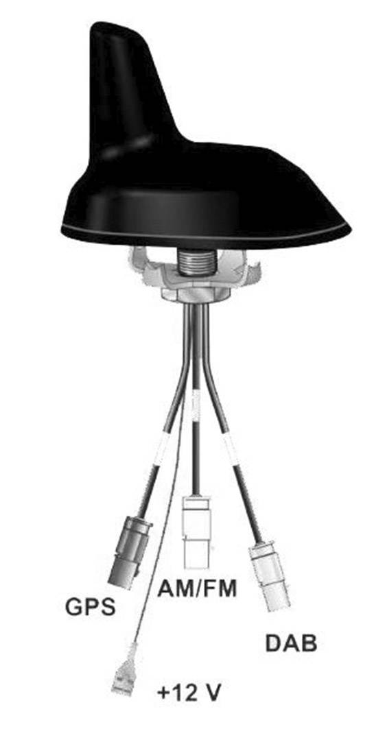 Diagramme d'un agencement d'antenne de véhicule avec connexions pour GPS, AM/FM et DAB, plus une alimentation 12V.