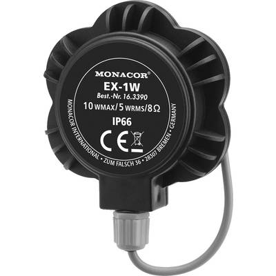 Un petit haut-parleur rond portant l'inscription 'Monacor EX-1W', 10 W max/5 W RMS/8 Ohms, certifié IP66, câble gris.