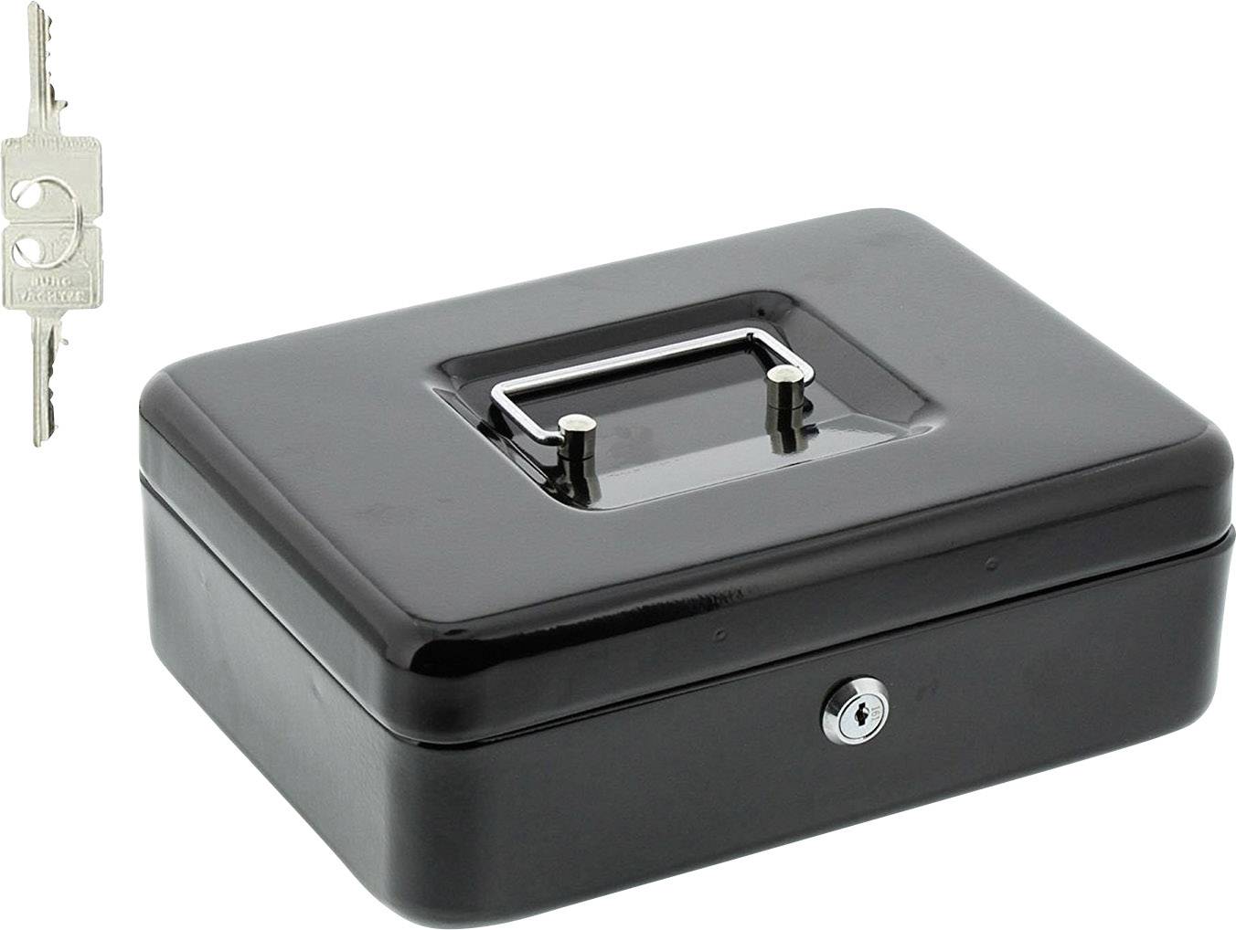 Coffret-caisse noir avec serrure, accompagné de sa clé correspondante.