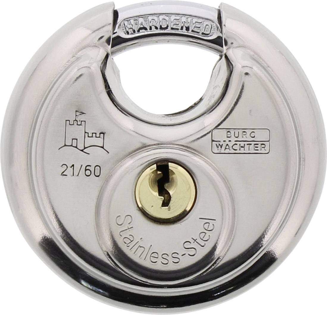 Cadenas rond en acier inoxydable avec trou de serrure, numéro de modèle 21/60 et logo d'un château fort. Marque 'BURGWÄCHTER'.