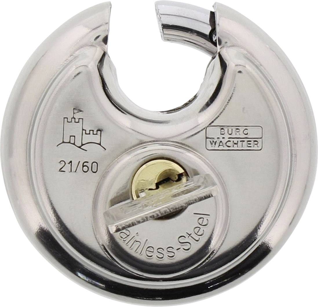 Un cadenas rond en acier inoxydable avec le logo d'un château, portant l'inscription 'Burg Wächter', numéro de modèle 21/60 et l'inscription 'stainless steel'.