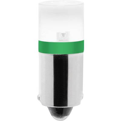 Lampe LED blanche avec une bande verte autour de la partie supérieure, forme cylindrique, base en métal.