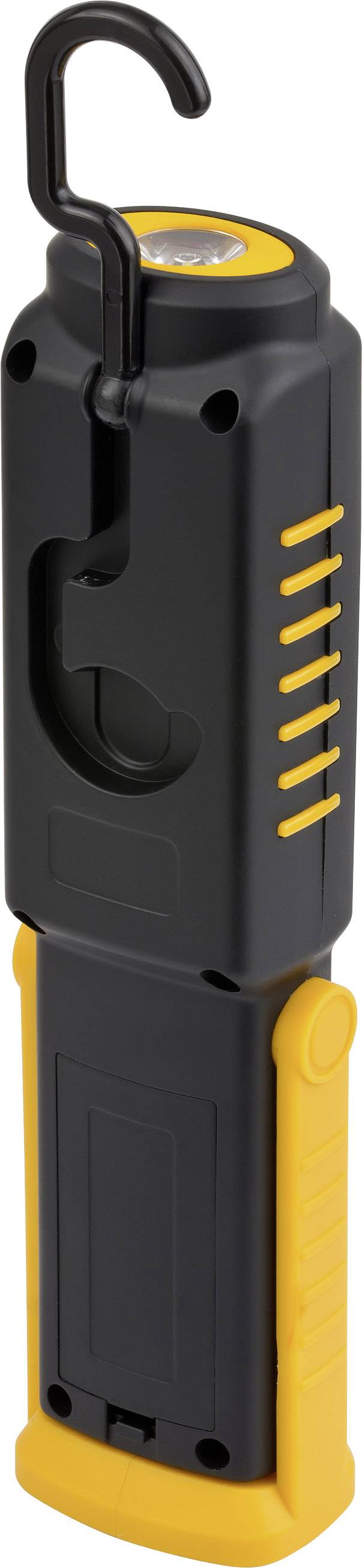 Lampe de travail LED portable en noir et jaune avec crochet de suspension.