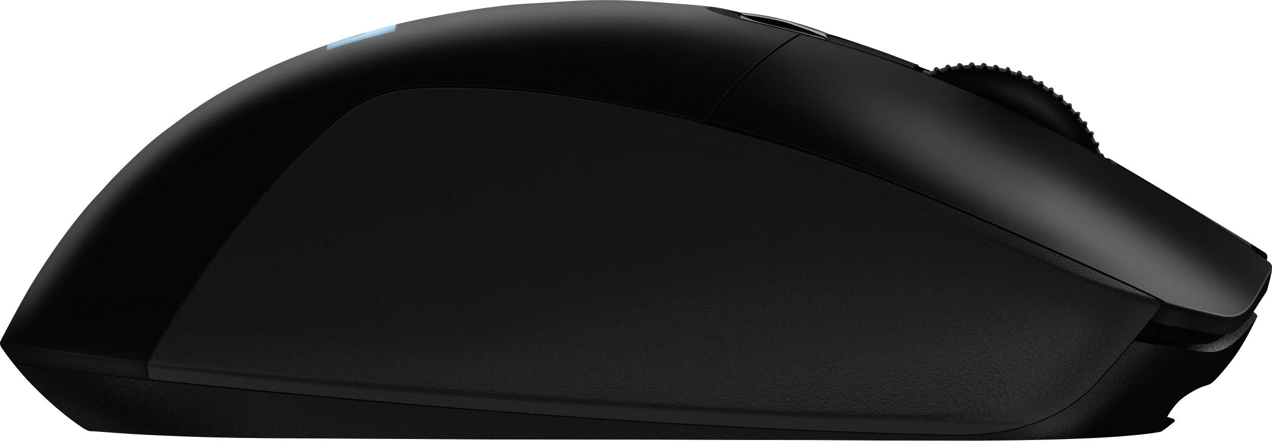 Une souris d'ordinateur noire sans fil, vue de côté, avec un design ergonomique et une molette de défilement sur le dessus.