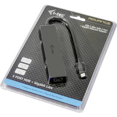 Hub USB-C avec trois ports et LAN Gigabit, marque i-tec, compatible Android, fonction Plug & Play.