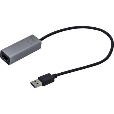 Adaptateur USB vers Ethernet avec boîtier argenté et court câble noir. Connecteur USB à l'extrémité.