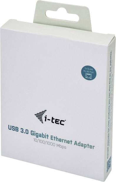 Emballage blanc portant l'inscription 'Adaptateur Ethernet Gigabit USB 3.0' de i-tec. Le produit offre une connexion réseau via USB.