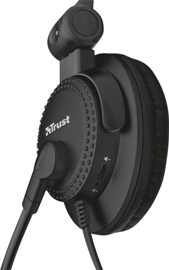 Un casque noir supra-auriculaire de la marque 'Trust' avec des coussinets d'oreille rembourrés et un arceau réglable.