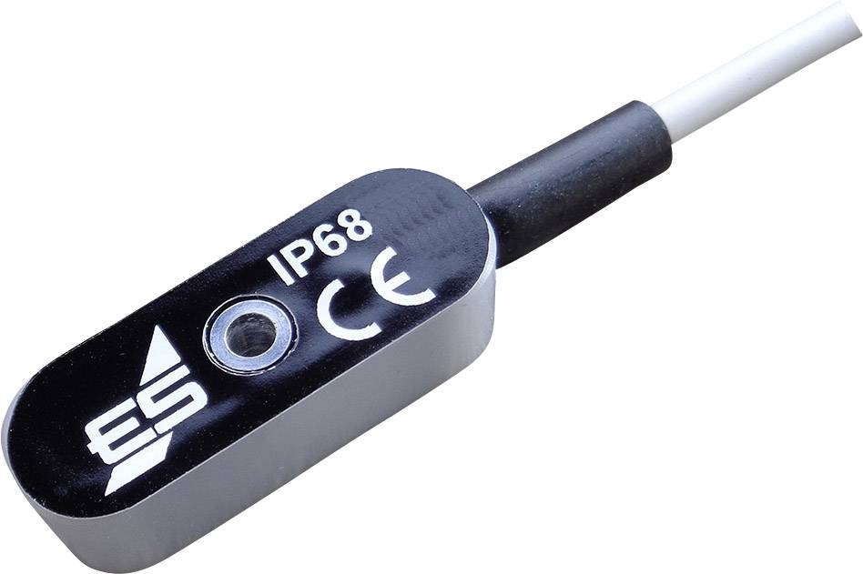 Capteur noir, ovale, avec l'inscription 'IP68', marquage CE et logo de l'entreprise sur la surface. Connexion de câble sur le côté droit.