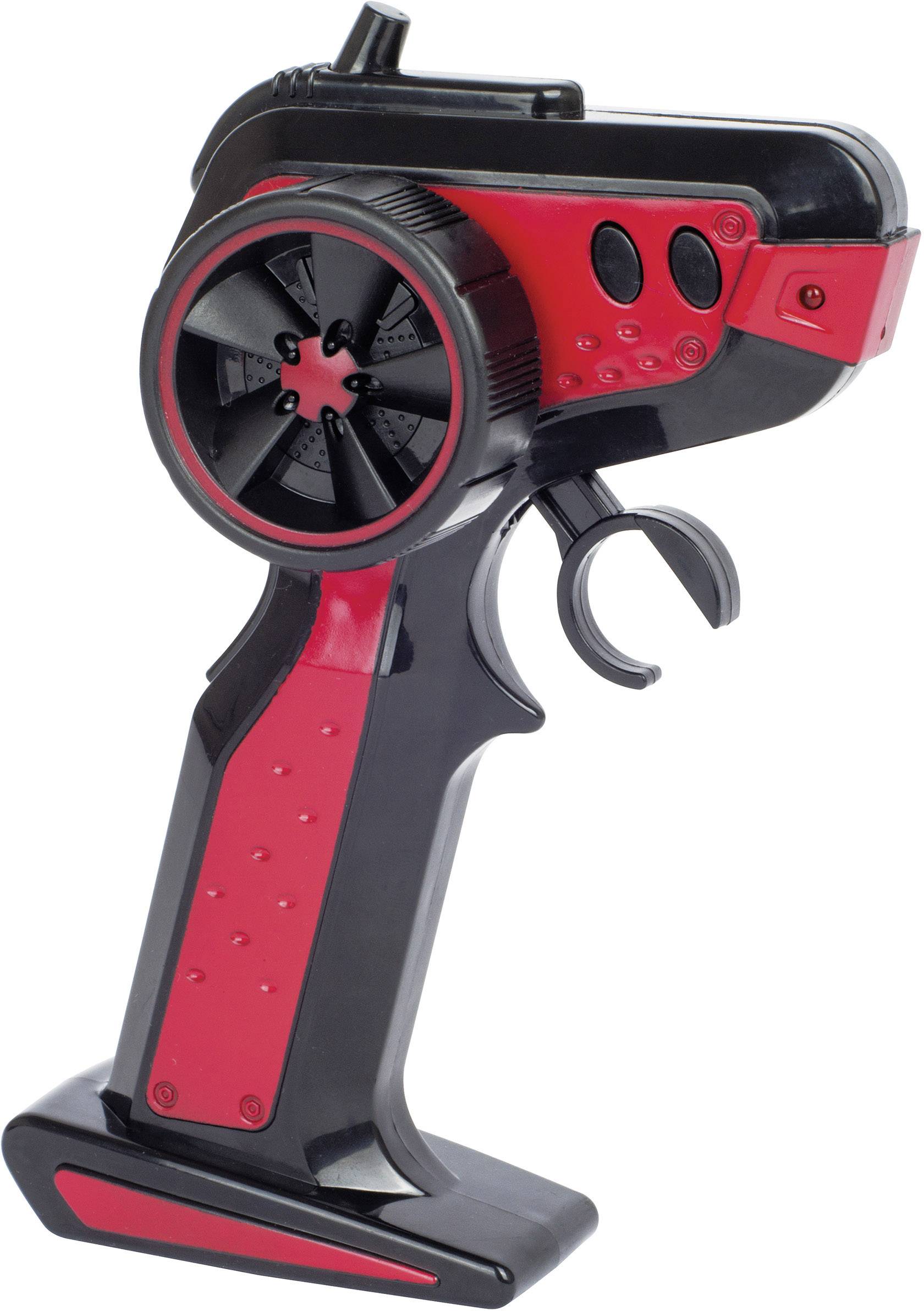 Télécommande pour voiture télécommandée en rouge et noir avec volant et levier de commande.
