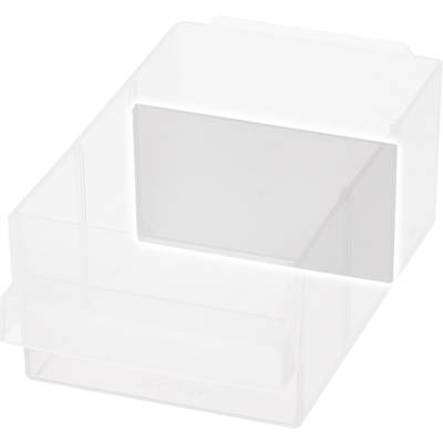 Boîte en plastique transparent avec ouverture biseautée, adaptée au rangement de petits objets ou de documents.