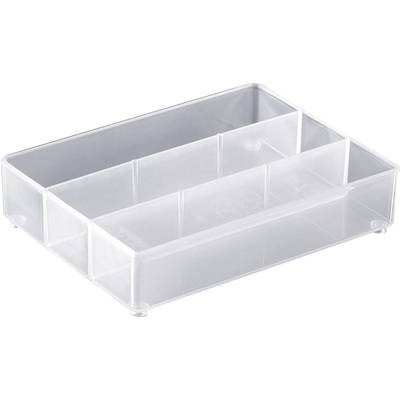 Un organisateur en plastique transparent avec plusieurs compartiments pour ranger de petits objets. Idéal pour le bureau ou la cuisine.