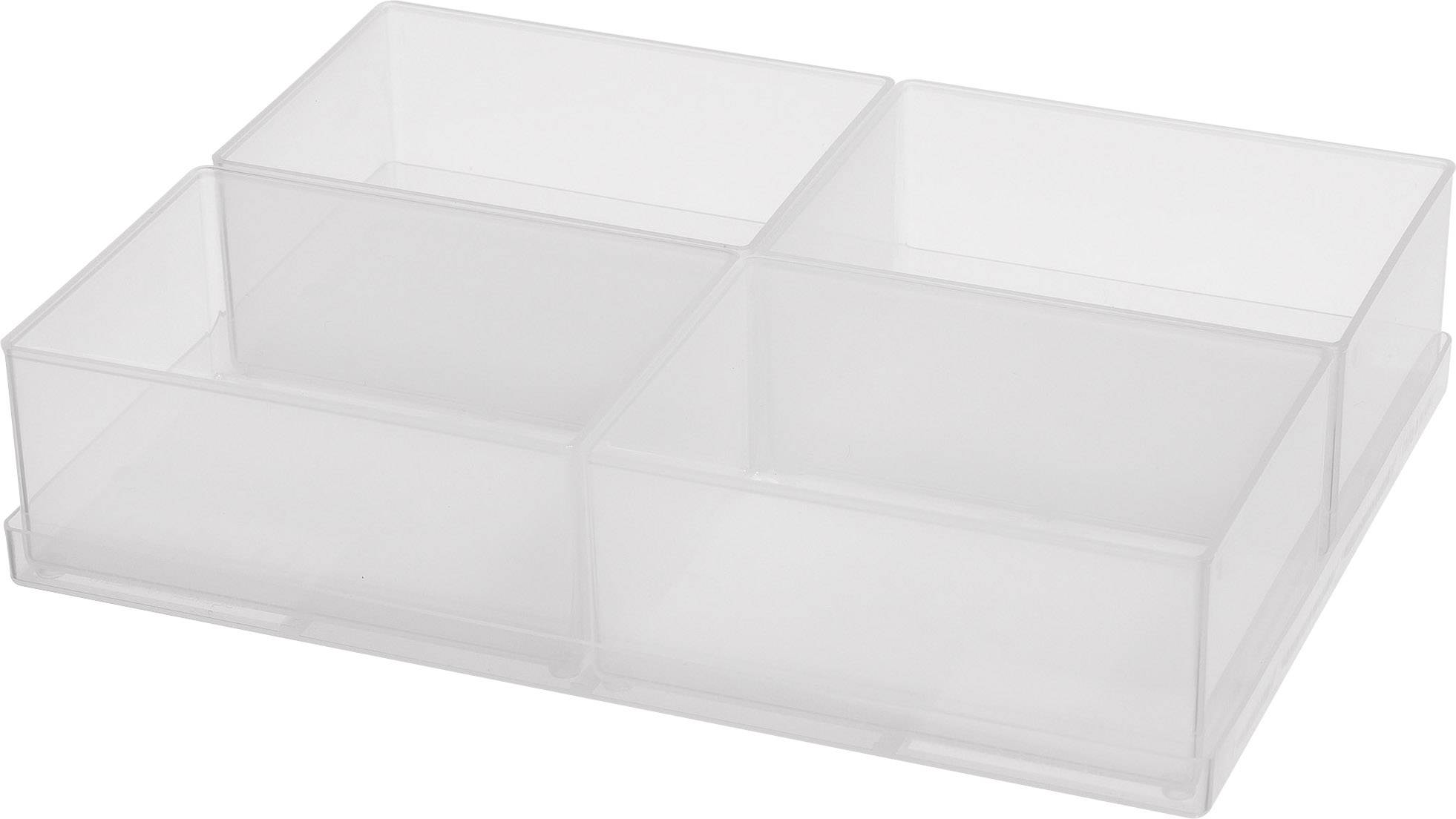 Boîte de rangement transparente en plastique, rectangulaire, avec quatre compartiments de taille égale pour stocker de petits objets.