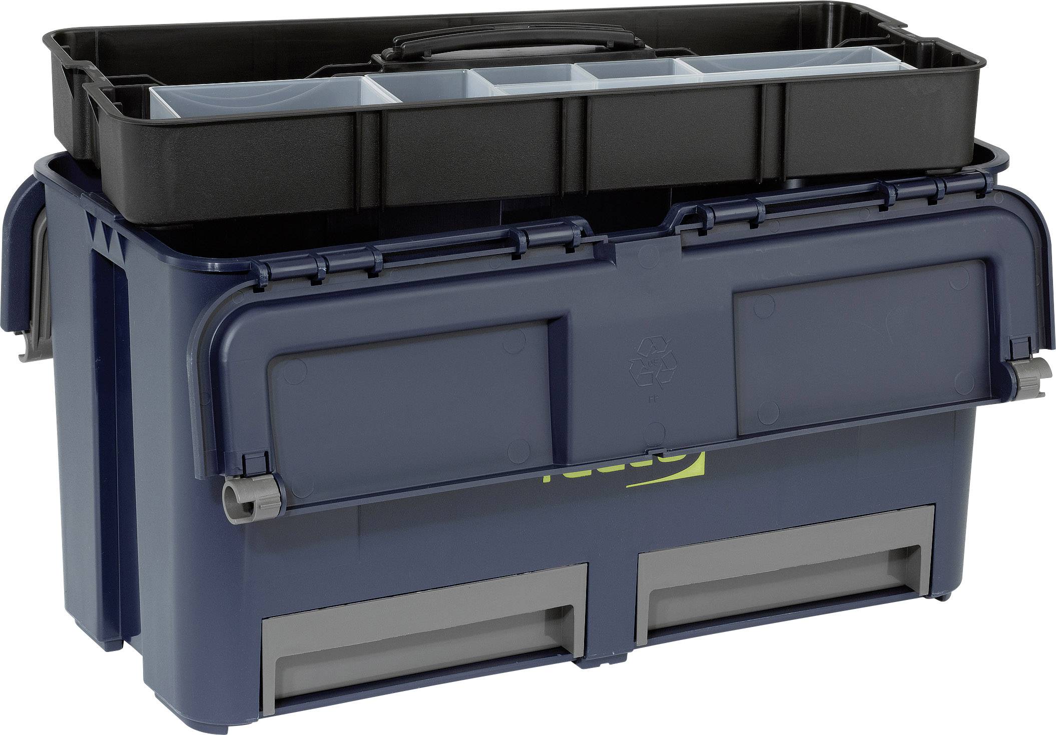 Une boîte à outils bleue avec deux compartiments rabattables et un insert noir sur le dessus. Parfaite pour le rangement organisé des outils.