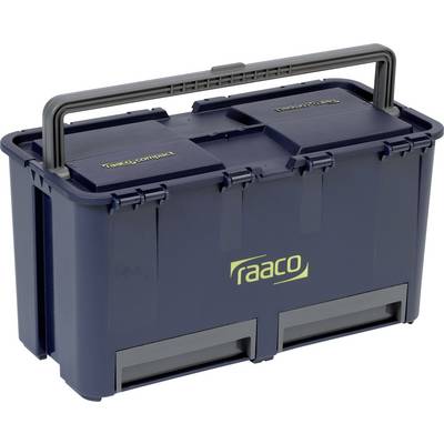 Boîte à outils bleu foncé avec poignée grise et logo 'raaco' jaune, idéale pour le rangement des outils et des petites pièces.