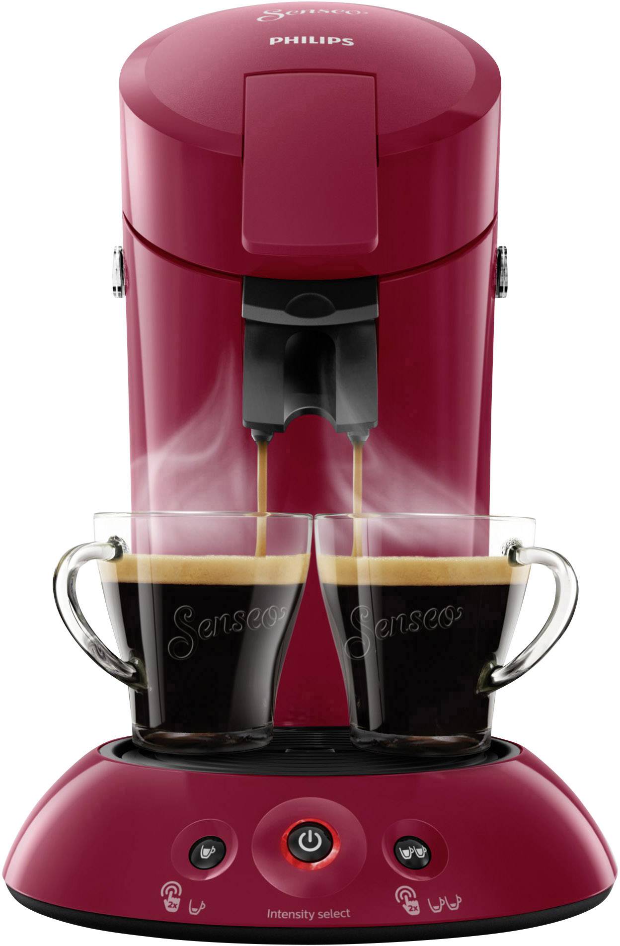 Machine à café à dosettes rouge avec deux tasses transparentes en cours de remplissage. Le nom de la marque est visible en haut de l'image.