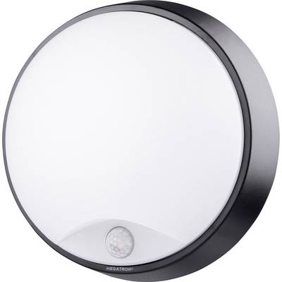 Applique murale LED ronde blanche à bordure noire, avec capteur de mouvement intégré en bas.