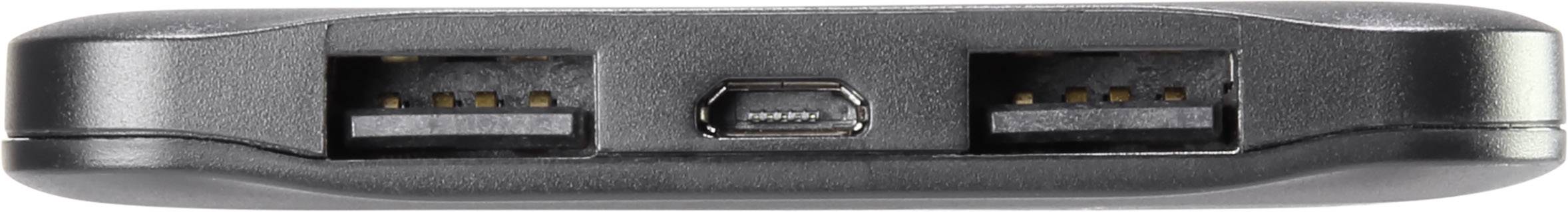 Une station de charge électronique noire avec deux ports pour batteries et un port micro-USB au centre.