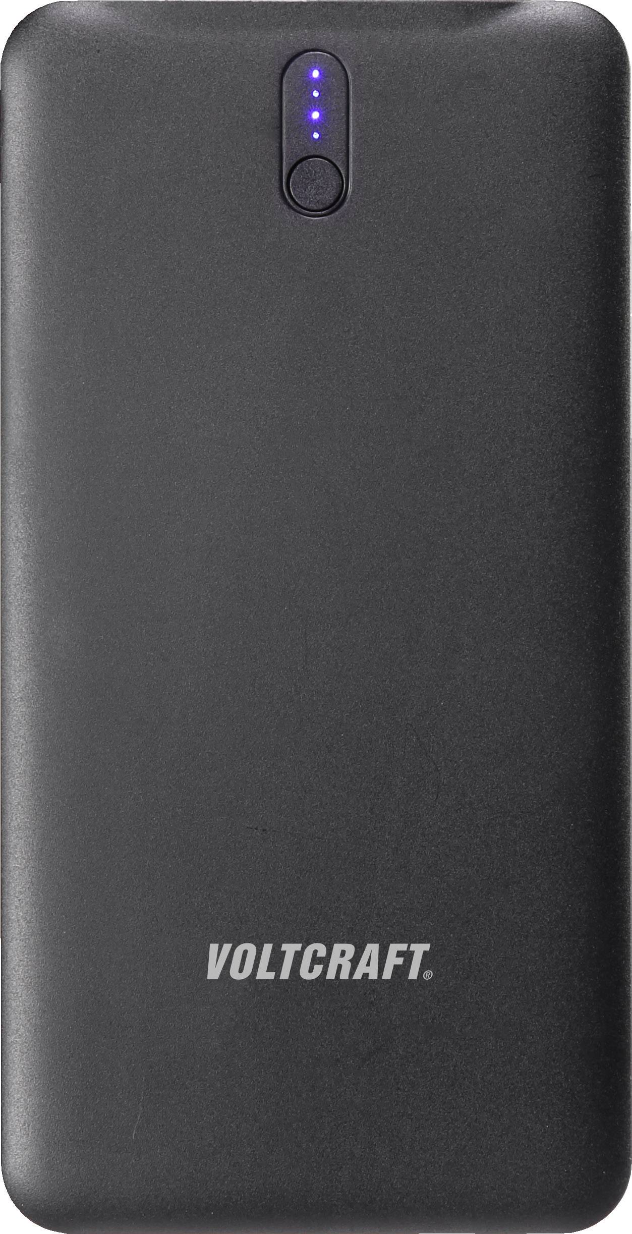 Une batterie externe Voltcraft de couleur noire avec quatre voyants LED bleus indiquant le niveau de charge.