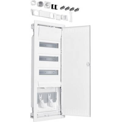 Armoire électrique ouverte montrant l'intérieur, avec divers interrupteurs et prises disposés à l'intérieur.