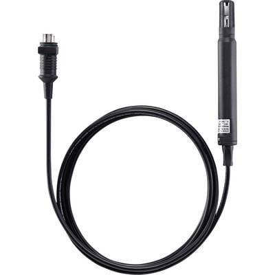 Un câble noir avec un capteur cylindrique à une extrémité et un connecteur à l'autre, utilisé pour des mesures électroniques.