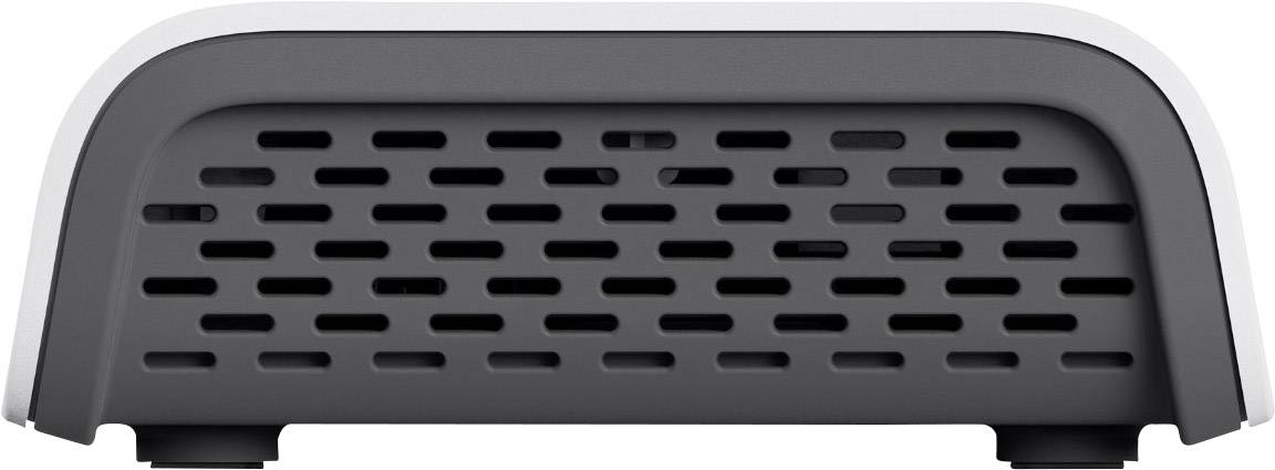 Un petit appareil électronique gris avec des fentes d'aération sur la façade. Il ressemble à un lecteur externe ou à un routeur.