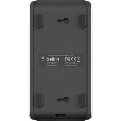 Dos noir d'un chargeur USB Belkin avec quatre pieds antidérapants et des spécifications techniques au centre.