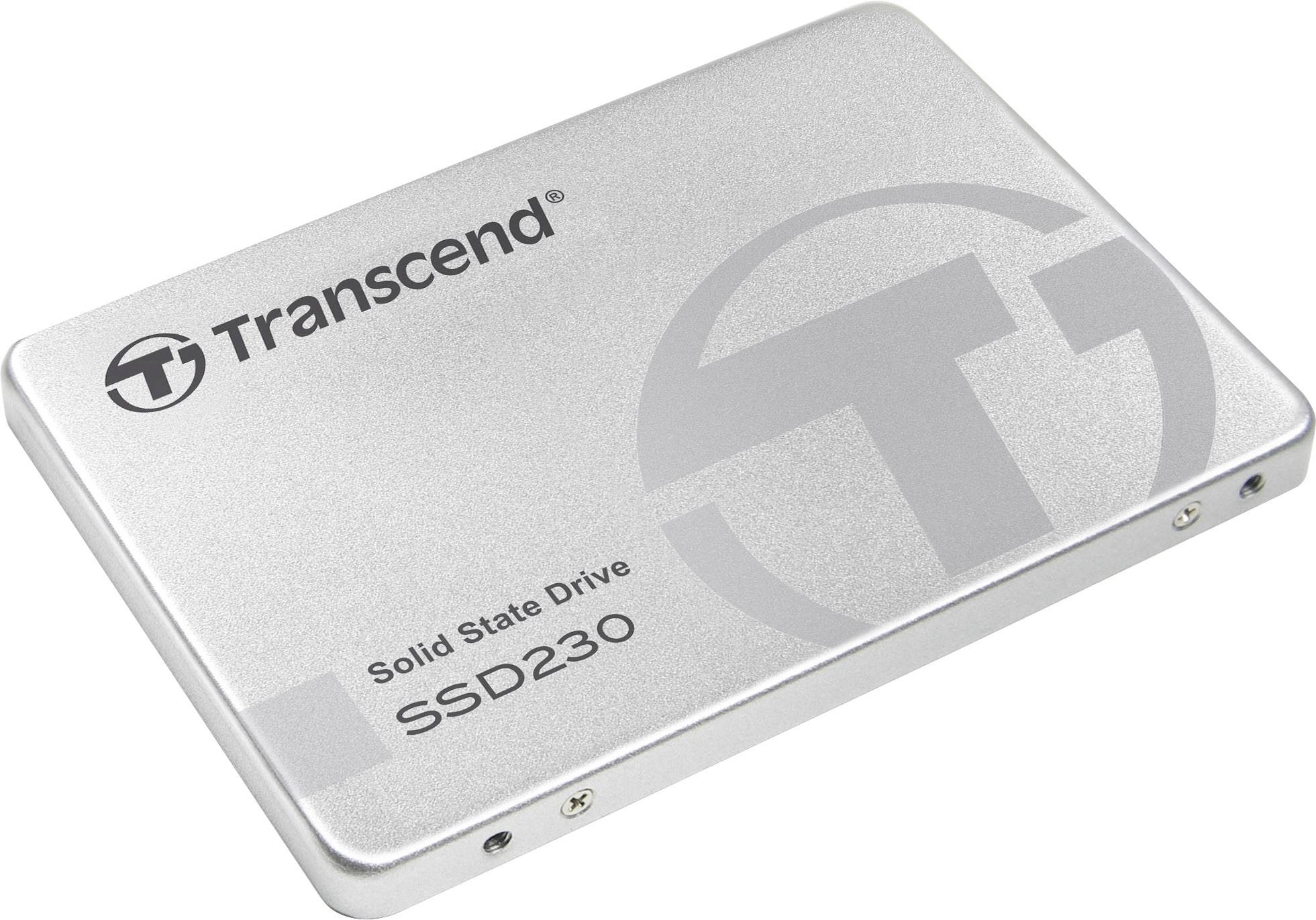 Disque dur externe argenté portant l'inscription « Transcend Solid State Drive SSD230 ». Il présente un design simple et rectangulaire.