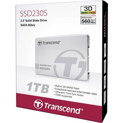 Transcend SSD230S, Disque dur SSD 2,5", 1 To, SATA 6 Gb/s, Mémoire Flash NAND 3D, Vitesse de lecture jusqu'à 560 Mo/s, Format ultra-mince de 7 mm.
