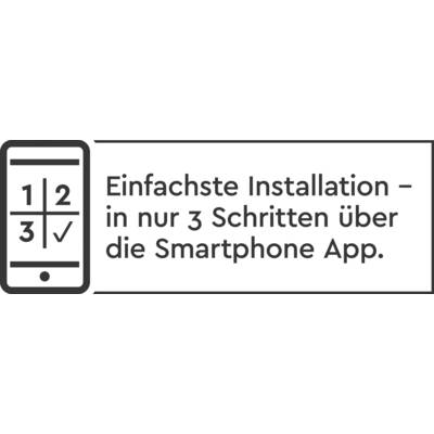 Diagramme avec symbole de smartphone et texte : « Installation la plus simple – en seulement 3 étapes via l'application mobile. »