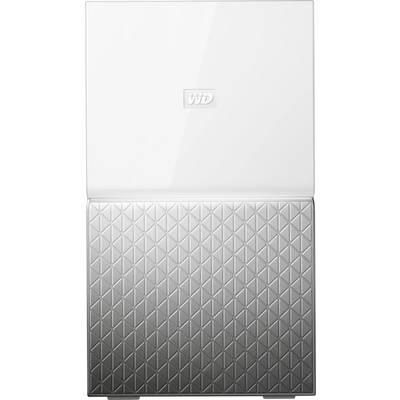 Disque dur externe avec une partie supérieure blanche et brillante et une partie inférieure argentée au motif géométrique.