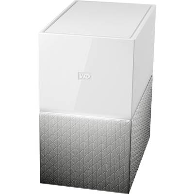 Un cube de stockage externe blanc et gris de WD avec un motif géométrique sur sa moitié inférieure.