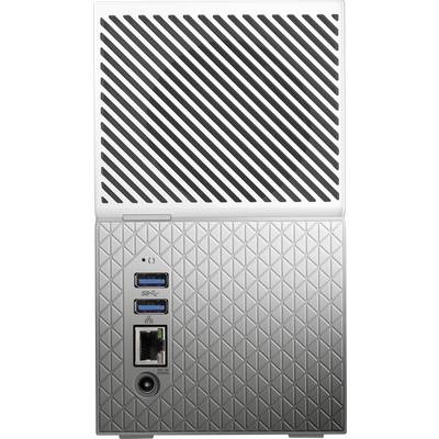 Le dos d'un ordinateur avec des fentes d'aération. Les ports visibles comprennent deux ports USB, un port Ethernet et une prise d'alimentation.