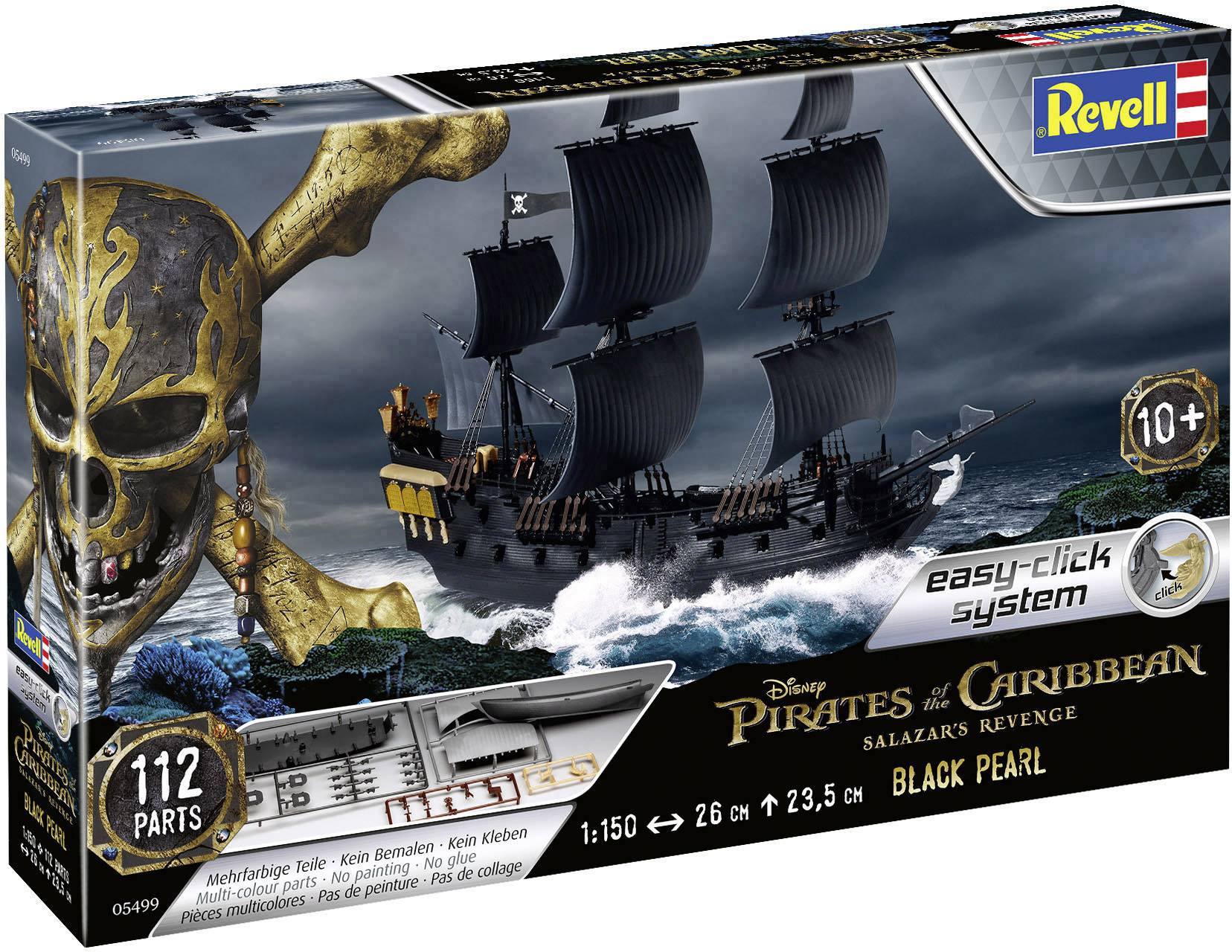 Maquette Revell 'Pirates des Caraïbes - Black Pearl' pour personnes à partir de 10 ans, avec 112 pièces. Représente la Black Pearl sous voile noire.
