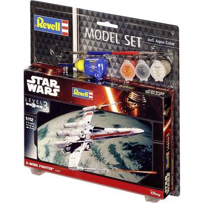 Maquette Revell 'Chasseur X-Wing Star Wars' avec peintures et pinceau, niveau de difficulté 3, échelle 1:112, en boîte.