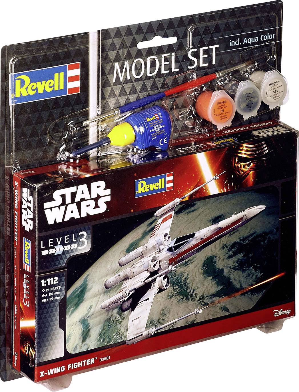 'Star Wars Maquette Niveau 3', un Chasseur X-Wing de Revell. Contient des peintures et des pinceaux. Échelle 1:112 pour modélistes expérimentés.