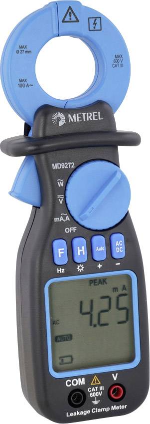 Pince ampèremétrique en noir et bleu. Affiche '4,25 mA' sur l'écran. Marquages pour tension et courant présents.