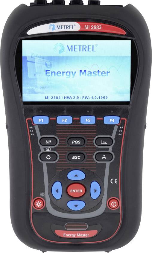 Appareil d'analyse énergétique 'Energy Master' avec affichage, clavier et plusieurs boutons de fonction pour la mesure des valeurs électriques.