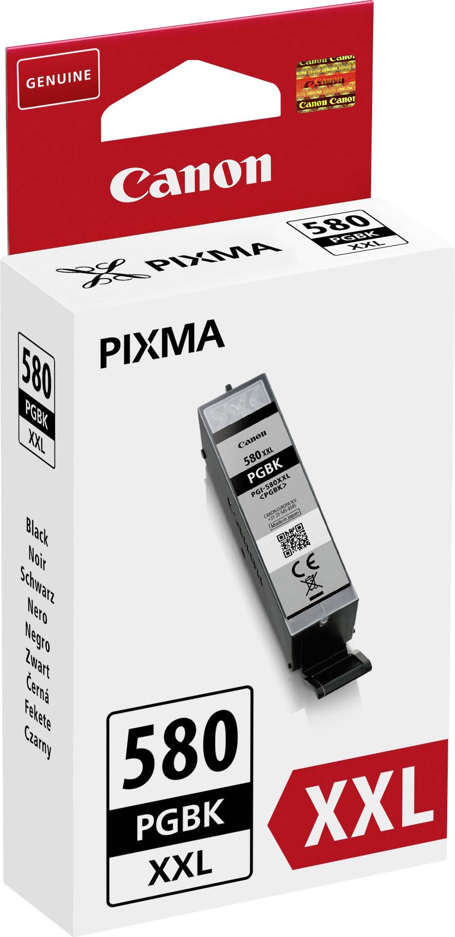 Cartouche d'encre Canon PIXMA 580 PGBK XXL en noir. L'emballage présente l'image du produit. Adaptée pour les volumes d'impression importants.