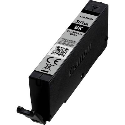 Cartouche d'encre noire 'Canon 581xxl BK'. Impression avec numéro de modèle et code QR. Contient des informations de sécurité et de fabrication.