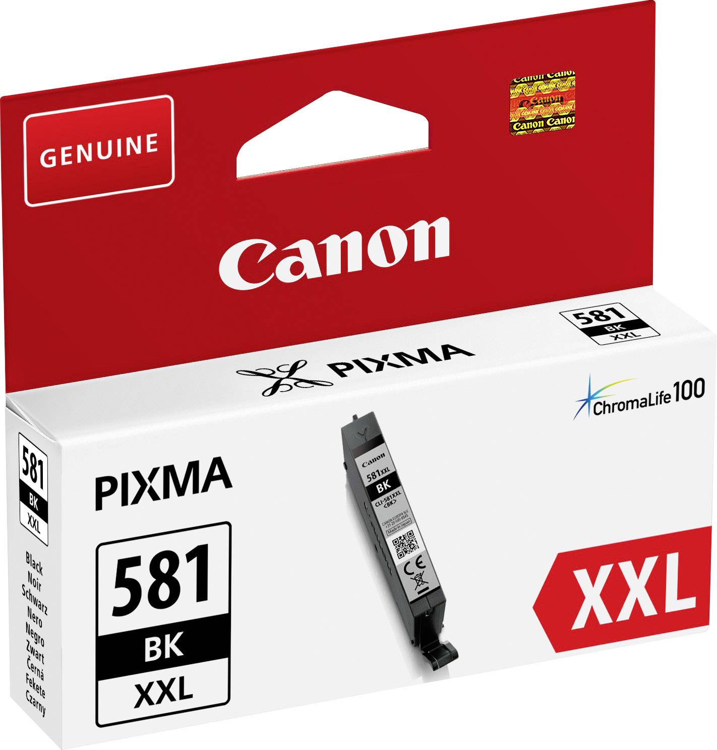 'Cartouche d'encre Canon 581 BK XXL pour imprimantes PIXMA, Noir, ChromaLife100, dans un emballage au design rouge et blanc.'
