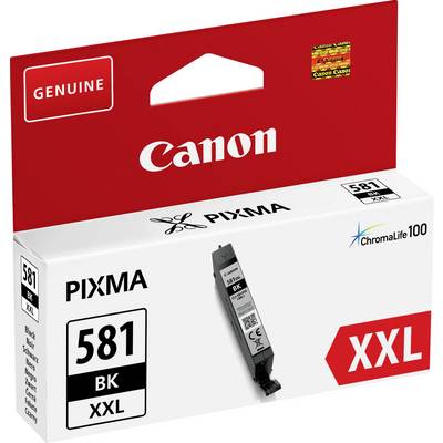 'Cartouche d'encre Canon 581 BK XXL pour imprimantes PIXMA, Noir, ChromaLife100, dans un emballage au design rouge et blanc.'