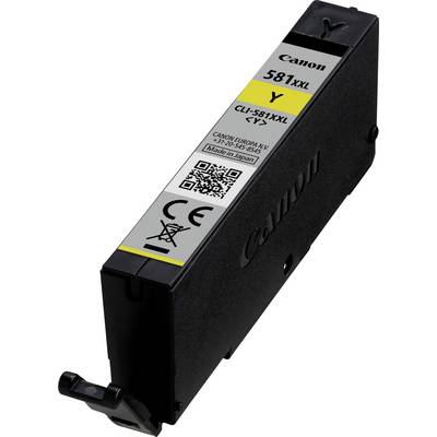 'Cartouche d'encre Canon 581XXL Jaune, volume d'encre élevé, compatible avec certains modèles d'imprimantes Canon, avec code QR et symboles.'